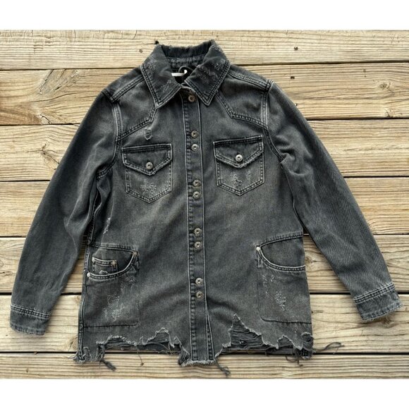 Free People Moonchild distressed‎ Shirt Jacket denim jean Black oversized Sz XS - Picture 2 of 9